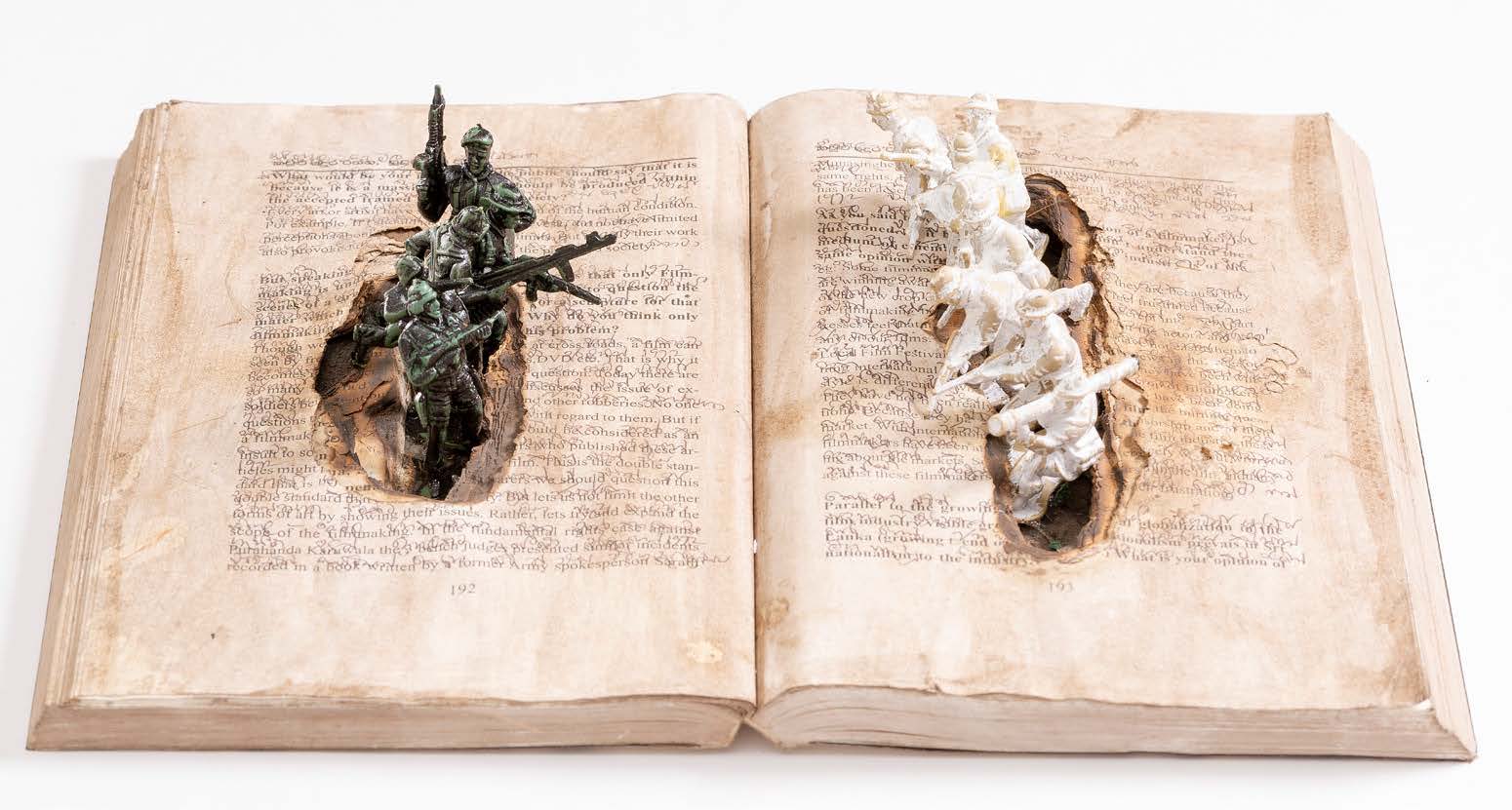 Kingsley Gunatillake, book art, Used books and toy soldiers